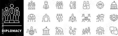 Diplomacy vector icons. Diplomacy thin line icon collection. Political summit, diplomatic, politics, debate, conference, meeting, diplomatic icons