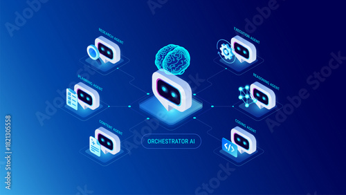 AI Agents Orchestration Workflow Diagram - Orchestrator AI connected to six multi-agent system: research agent, planning, writing content, execution, coding, reasoning - Technology infographic vector