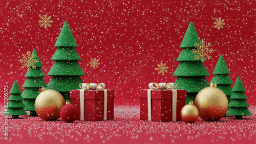 3D Render of Christmas Trees, Gifts, and Baubles on Red Background with Snowfall