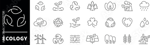 Ecology vector icons. Ecology thin line icons collection. Renewable energy, ecology, electricity, recycling, eco, environment, pollution, nature, eco friendly related icons