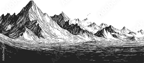 Mountain range sketch, hand drawn vector, dramatic peaks and rugged landscape. Vector illustration