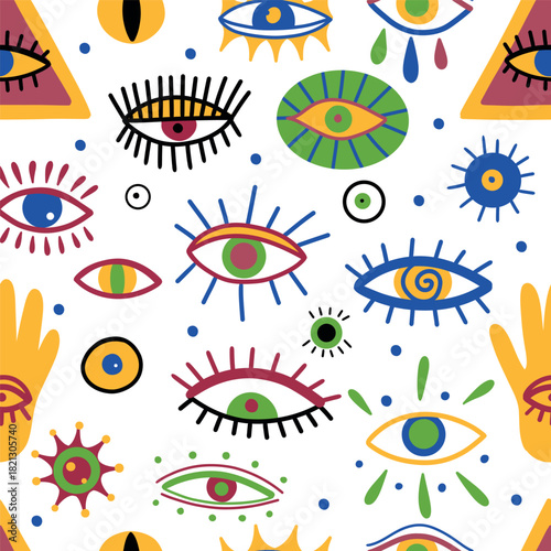 Abstract pattern of colored eyes. Hand-drawn vector doodle.