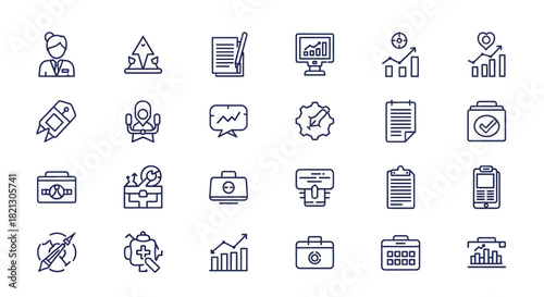 A versatile set of thin line icons representing business management, financial analysis, and corporate strategy concepts for digital projects