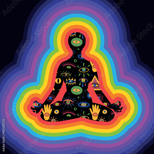 Human subtle bodies. Silhouette  of girl sits in the lotus position and meditates eye pattern