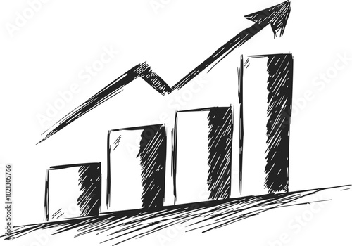 Bar chart sketch with upward arrow, hand drawn growth and progress concept. Vector illustration