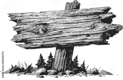 Wooden signpost sketch, hand drawn rustic plank with forest and rocks. Vector illustration