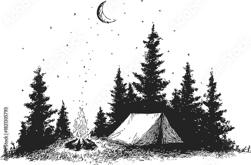 Camping scene sketch, hand drawn tent and campfire in pine forest at night. Vector illustration