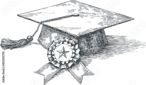 Graduation cap sketch with tassel and award ribbon, hand drawn academic achievement scene. Vector illustration