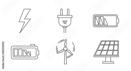Set of icons representing renewable energy sources and electricity lightning bolt, plug, battery, wind turbine, and solar panel