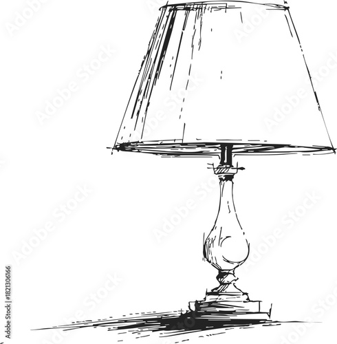 Table lamp sketch hand drawn with classic shade and ornate base. Vector illustration
