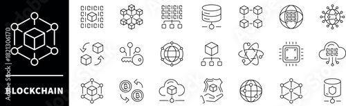 Blockchain vector icons. Blockchain thin line icons collection. Outline icons related to blockchain. Cyberspace, crypto, crypto currency, digital, transaction, Blockchain