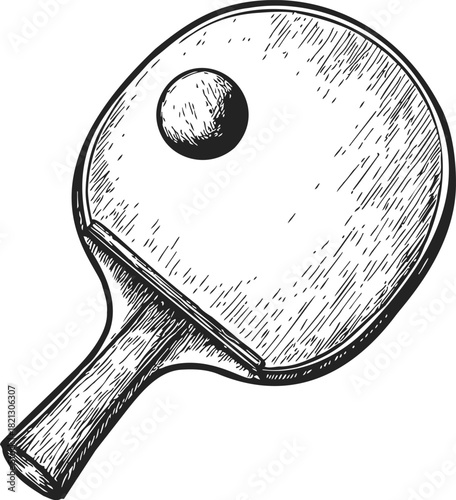 Ping pong paddle, hand drawn sketch with ball, line art illustration. Vector illustration