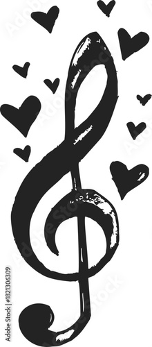 Treble clef sketch with hand drawn hearts, playful musical love theme. Vector illustration