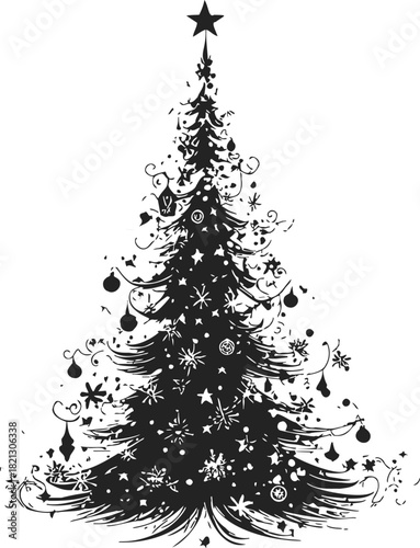 Christmas tree sketch hand drawn silhouette with ornaments and star. Vector illustration