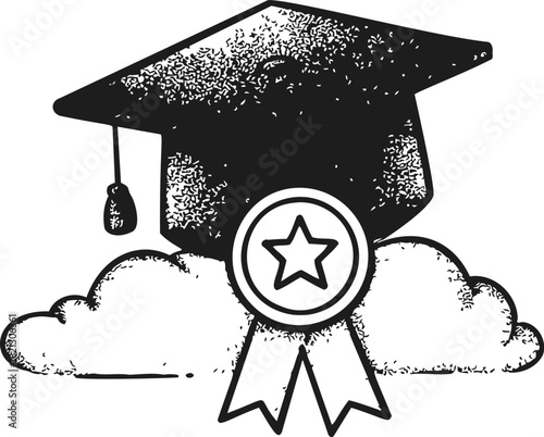 Graduation cap with star medal and ribbon, hand drawn sketch line art. Vector illustration