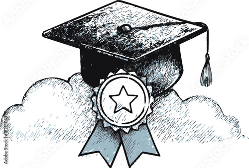 Graduation cap sketch with award ribbon and clouds, hand drawn academic achievement scene. Vector illustration
