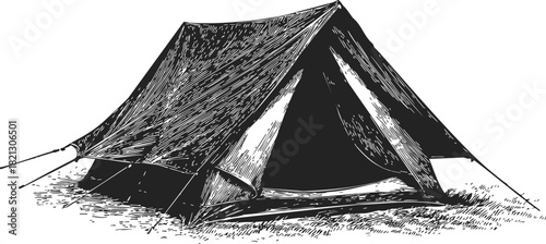 Tent sketch hand drawn classic camping shelter with open entrance. Vector illustration