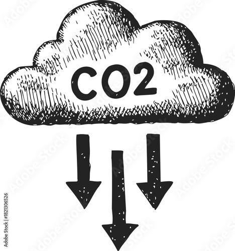 CO2 cloud sketch with downward arrows, hand drawn style, symbolizing carbon capture. Vector illustration