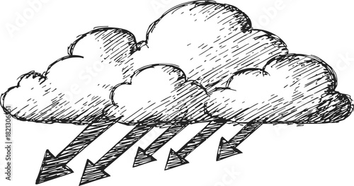 Rain cloud sketch, hand drawn style with arrows indicating rainfall. Vector illustration