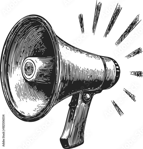 Megaphone sketch, hand drawn vector with sound lines and detailed engraving. Vector illustration