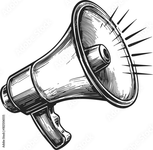 Megaphone sketch hand drawn style with sound lines and detailed shading. Vector illustration