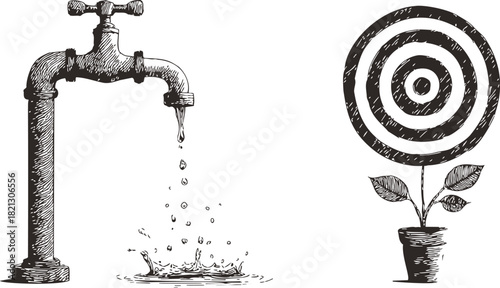 Faucet dripping water with splash and potted plant target sketch, hand drawn style. Vector illustration