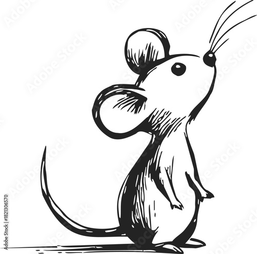 Mouse sketch hand drawn style standing with large ears and long tail. Vector illustration