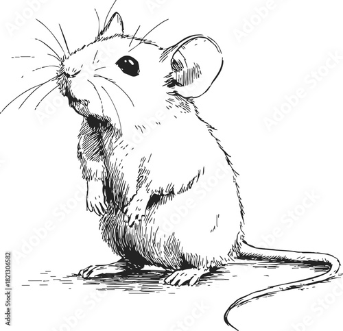 Mouse sketch hand drawn style standing upright with detailed fur and whiskers. Vector illustration