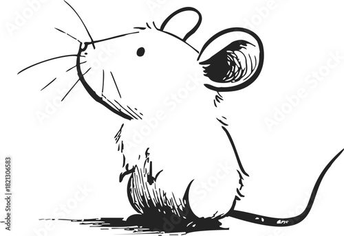 Mouse sketch hand drawn style sitting with long tail and large ears. Vector illustration