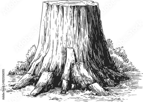Tree stump sketch, hand drawn style with roots and grass details. Vector illustration