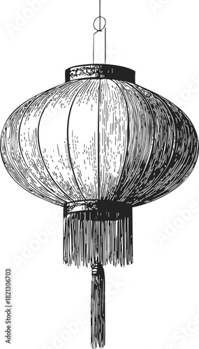 Chinese lantern sketch, hand drawn round hanging lamp with tassel detail. Vector illustration