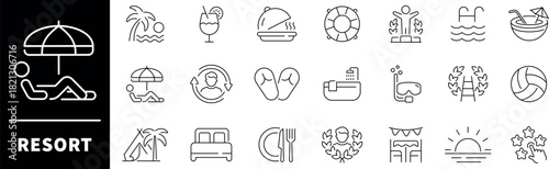 Resort vector icons. Resort thin line icons collection. Vacation, holiday, travel, resort related icons. Editable stroke vector icons