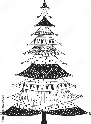 Christmas tree sketch, hand drawn with geometric patterns and festive decorations. Vector illustration