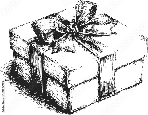 Gift box sketch, hand drawn style with large ribbon bow and detailed shading. Vector illustration