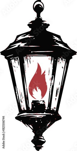 Antique lantern sketch, hand drawn style with red flame inside. Vector illustration