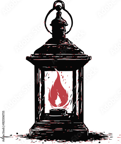 Antique lantern sketch, hand drawn style with red flame inside. Vector illustration