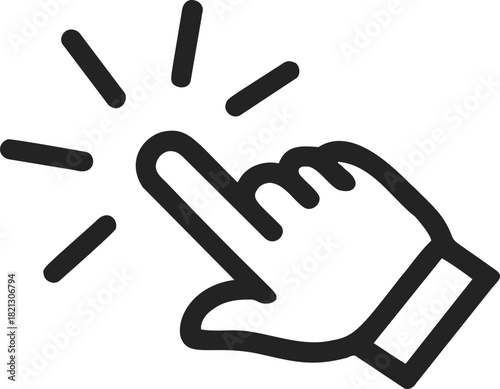 Hand click icon sketch, hand drawn vector with finger pressing and radiating lines. Vector illustration