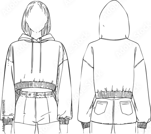 Cropped hoodie front and back sketch, hand drawn fashion technical drawing. Vector illustration