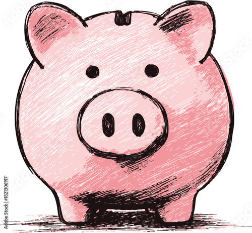Piggy bank sketch hand drawn style with pink shading and coin slot. Vector illustration