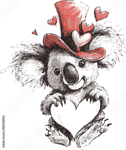 Koala sketch hand drawn with red top hat holding heart and surrounded by small hearts. Vector illustration