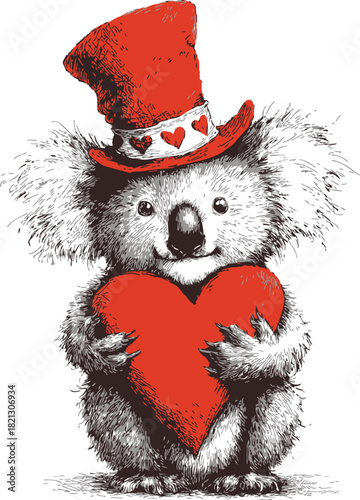 Koala sketch hand drawn wearing tall hat holding red heart. Vector illustration