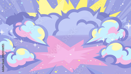 アメコミ風のポップな衝撃の煙の背景イラスト_紫_16:9