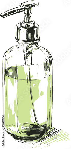 Soap dispenser sketch, hand drawn glass bottle with pump and liquid soap. Vector illustration