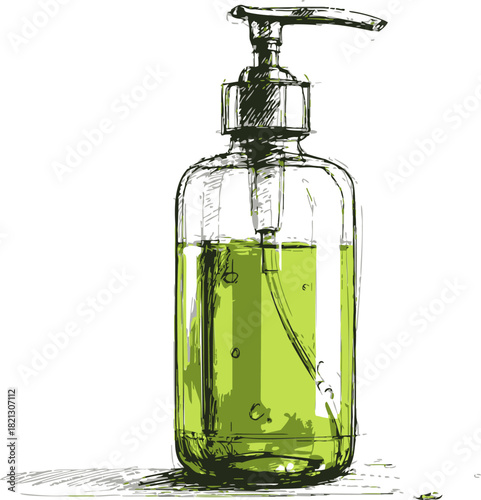 Soap dispenser sketch, hand drawn glass bottle with green liquid and pump. Vector illustration