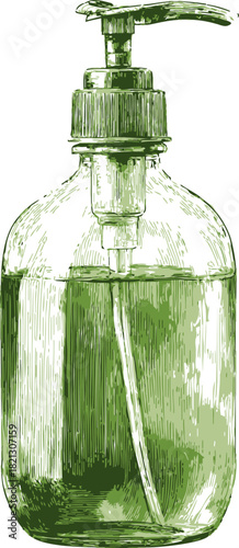 Soap dispenser sketch, hand drawn glass bottle with pump and liquid. Vector illustration