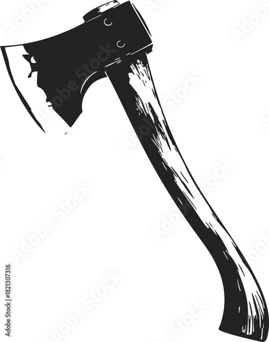 Axe sketch hand drawn rustic woodcutter tool with textured wooden handle. Vector illustration