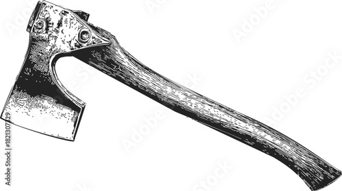 Axe sketch, hand drawn vintage hatchet with wooden handle, detailed black and white line art. Vector illustration