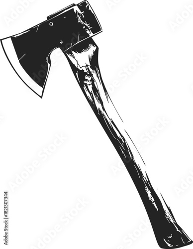 Axe sketch, hand drawn rustic hatchet with wooden handle and metal blade. Vector illustration