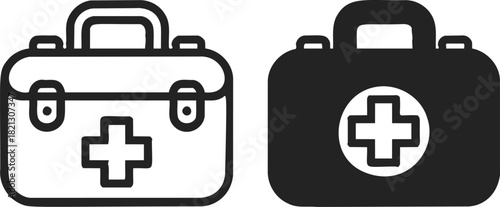 First aid kit sketch hand drawn icons with cross symbol, black and white style. Vector illustration