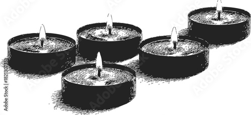 Tealight candles sketch, hand drawn style, five burning tea lights in simple arrangement. Vector illustration